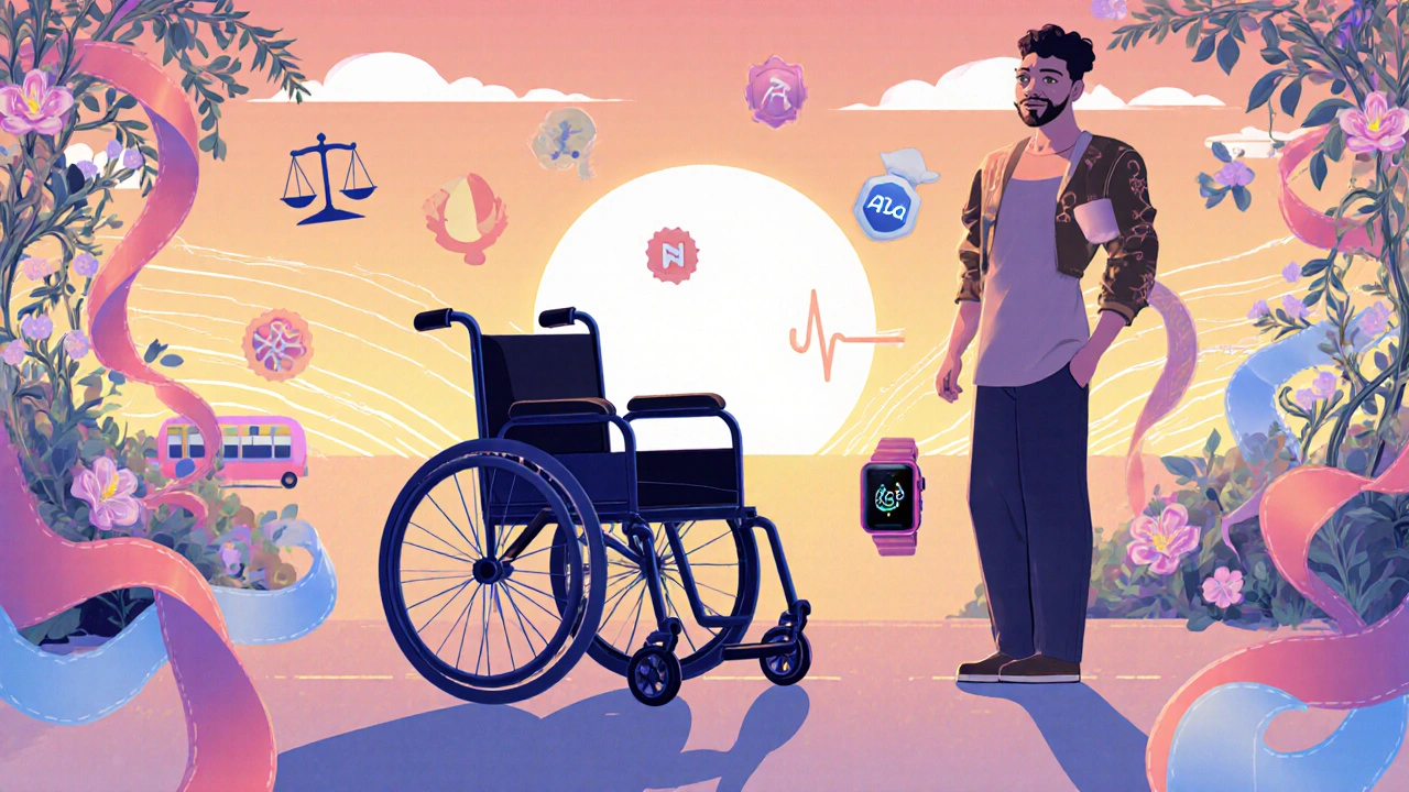 Adult with wearable seizure detector standing beside wheelchair and transport options.