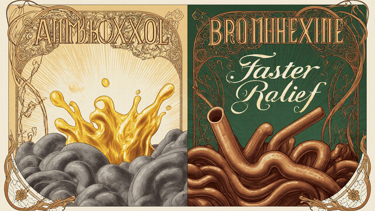 Ambroxol breaks through thick mucus faster than Bromhexine in a stylized Art Nouveau medical illustration.