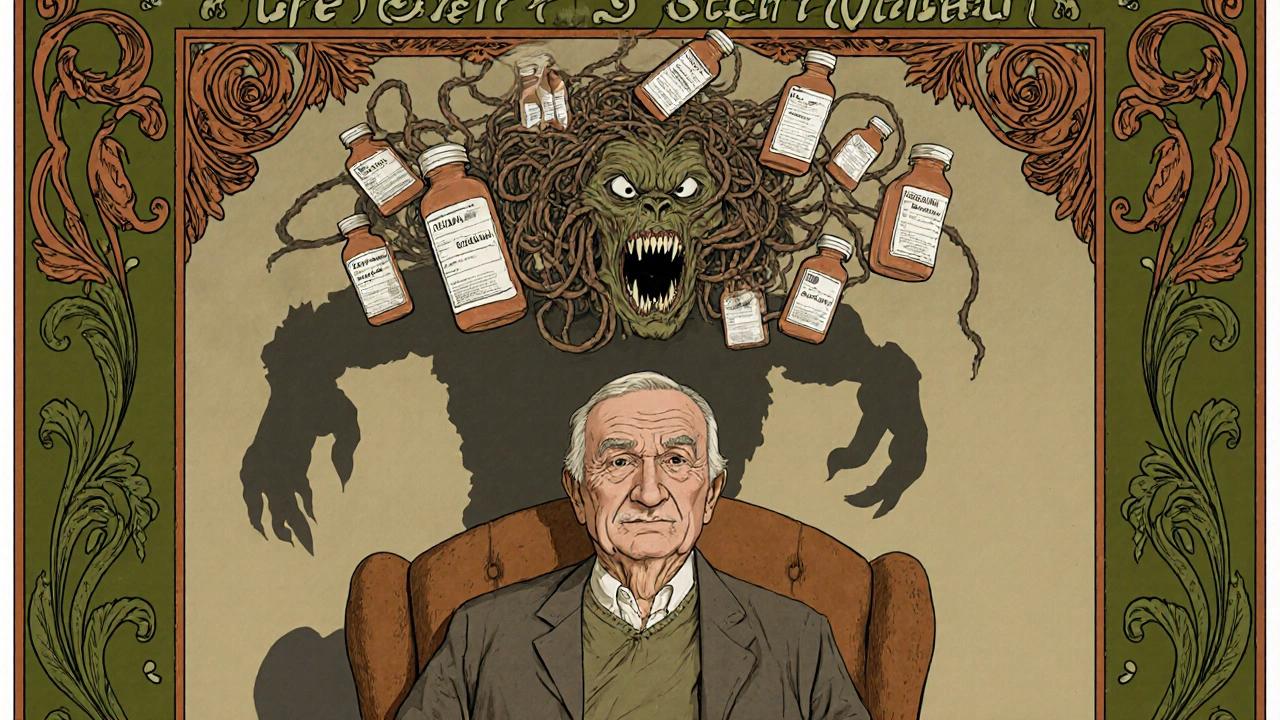 An elderly man sits calmly as medicine bottles form a monstrous shadow above him, depicted in Art Nouveau design.