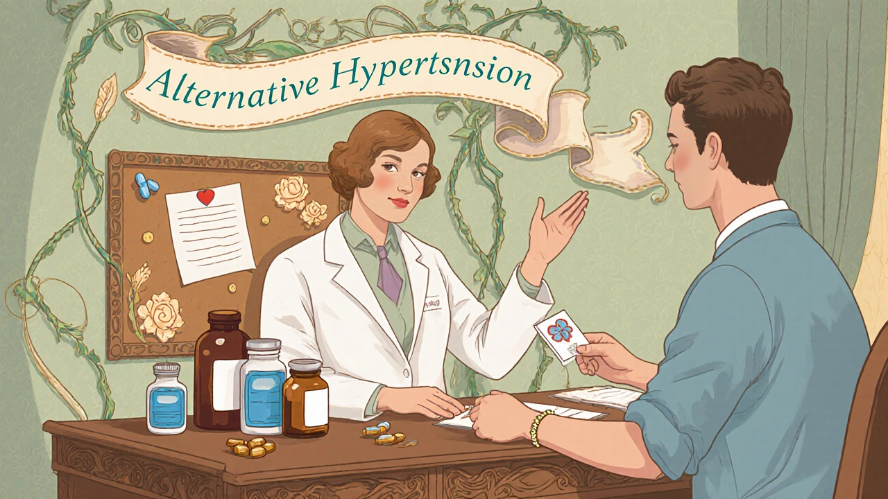 Art Nouveau depiction of a doctor discussing alternative blood pressure medicines with a patient.