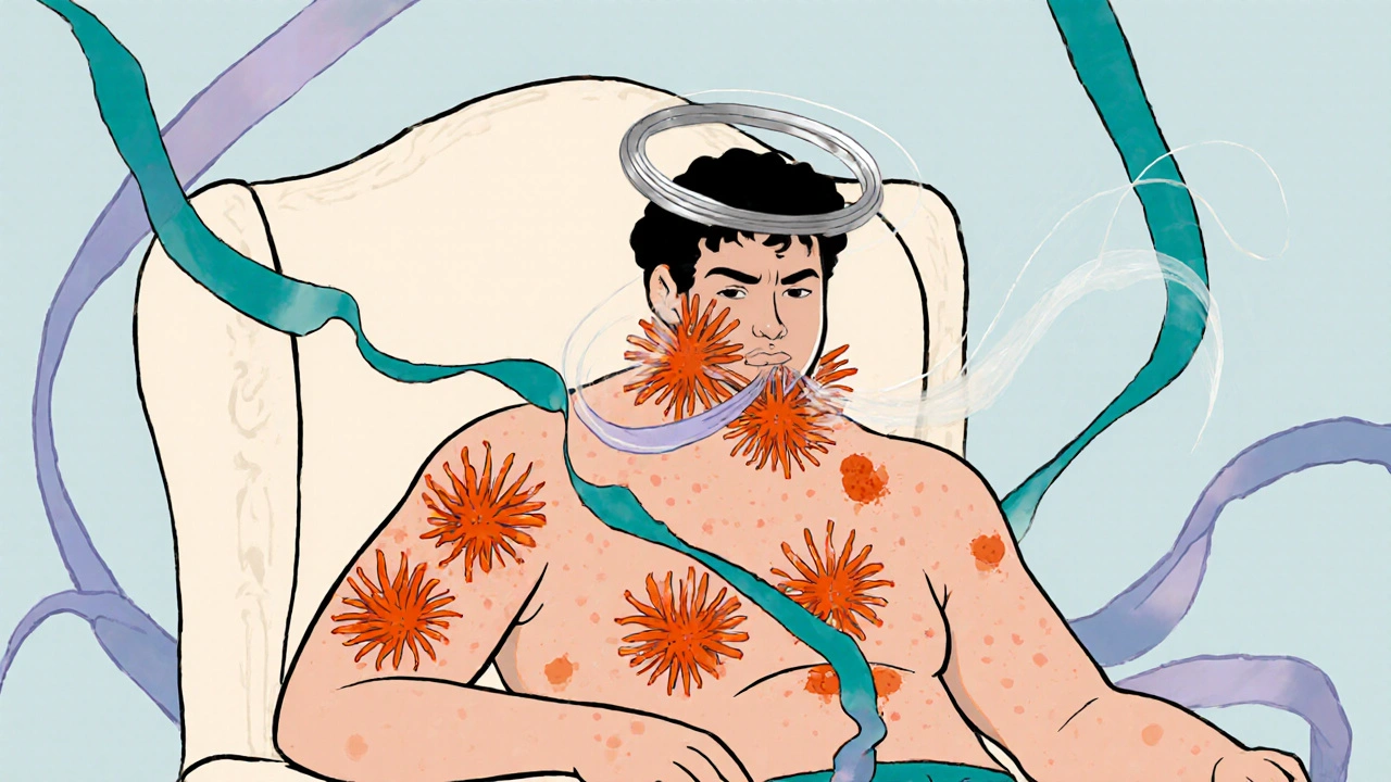 Art Nouveau scene of a person with hives, swelling, and throat tightness indicating an allergy.