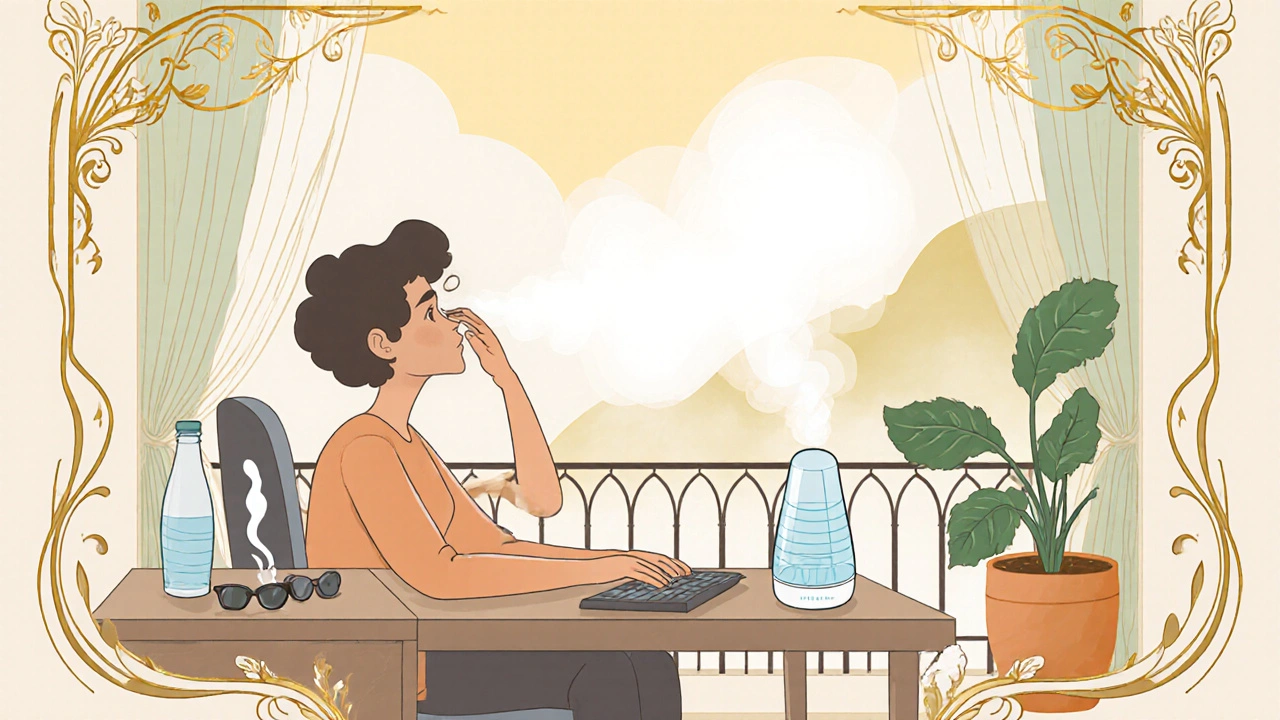 Calm scene of a person practicing eye‑care habits under Art Nouveau decorative design.