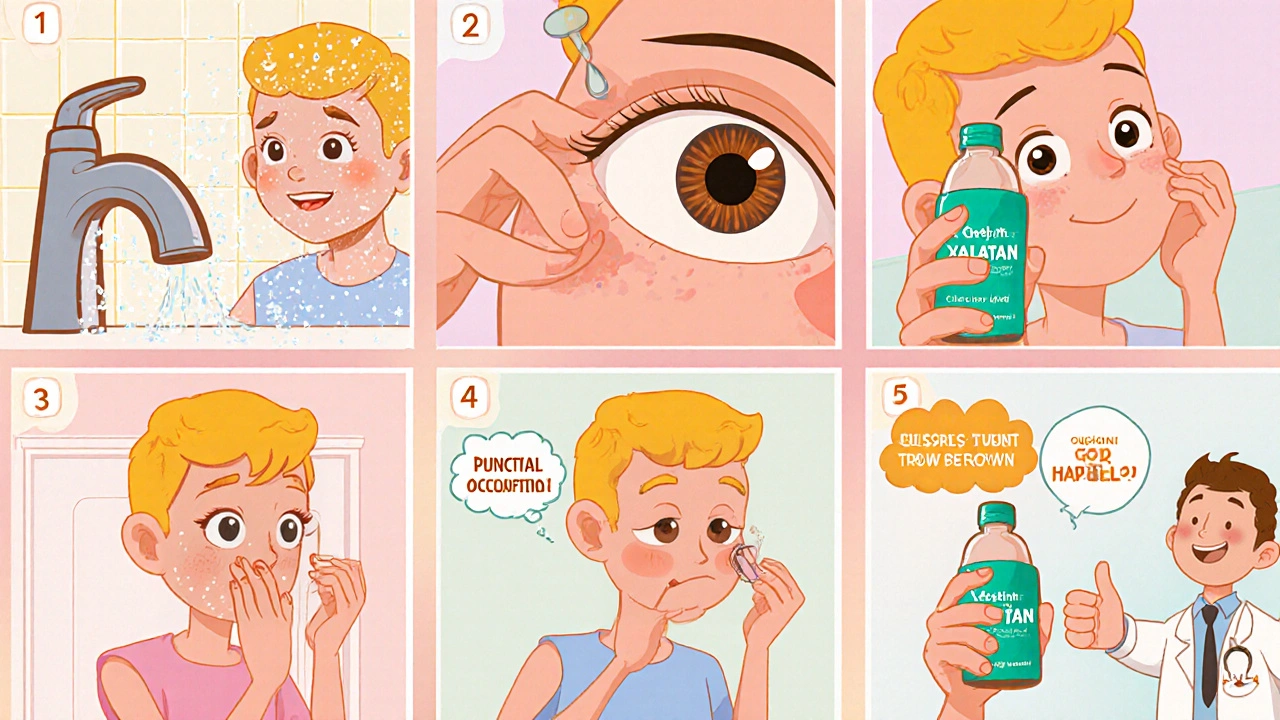 Cartoon person applying eye drops with step‑by‑step visual guide.