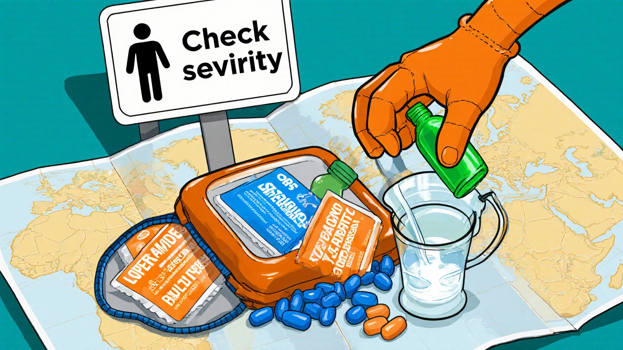 Cartoon travel kit showing ORS packets, loperamide capsules, and probiotic bottle on a map.