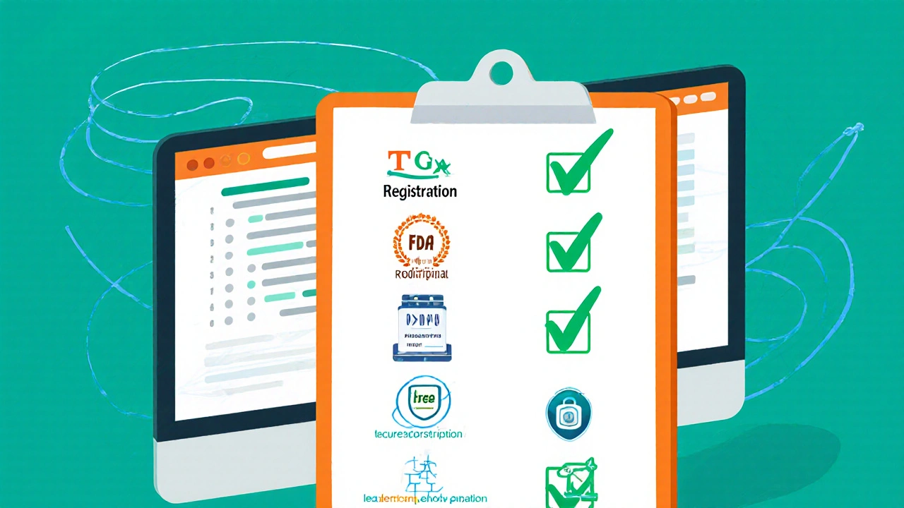 Checklist illustration showing verification steps for a safe online pharmacy.
