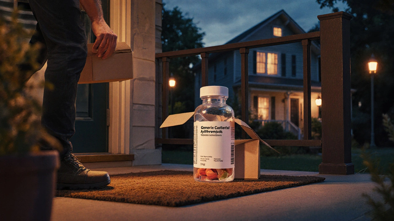 Delivery box on porch revealing a sealed bottle of generic azithromycin.