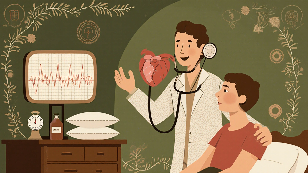 Doctor examining patient with stethoscope, diuretic bottle, and elevated pillow in Art Nouveau style.