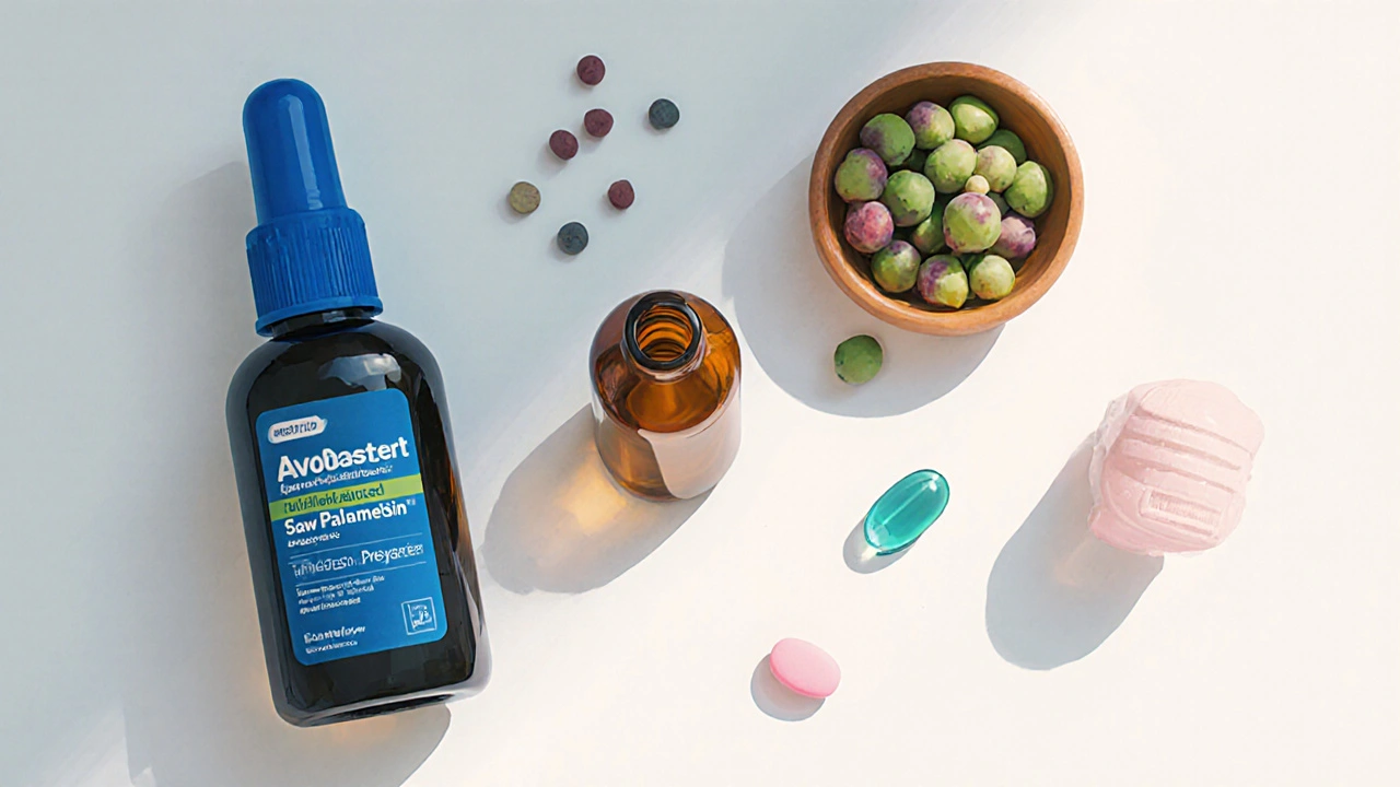 Flat‑lay of dutasteride, finasteride, saw‑palmetto berries, tamsulosin and doxazosin bottles.