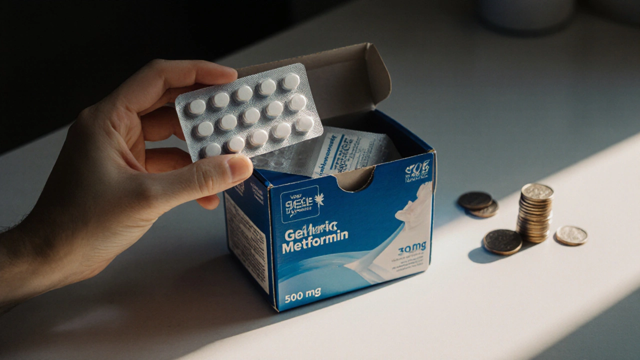 Hand inspecting delivered generic metformin tablets from an opened package.