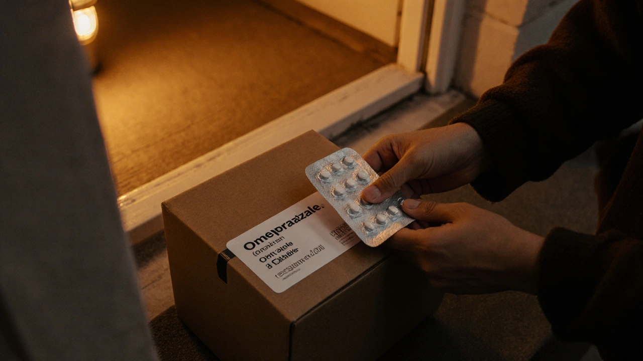 Hand opening a discreet delivery box, showing a sealed omeprazole blister pack.
