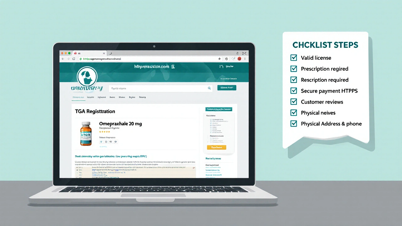 Laptop screen displaying a TGA‑registered pharmacy site beside a safety checklist.