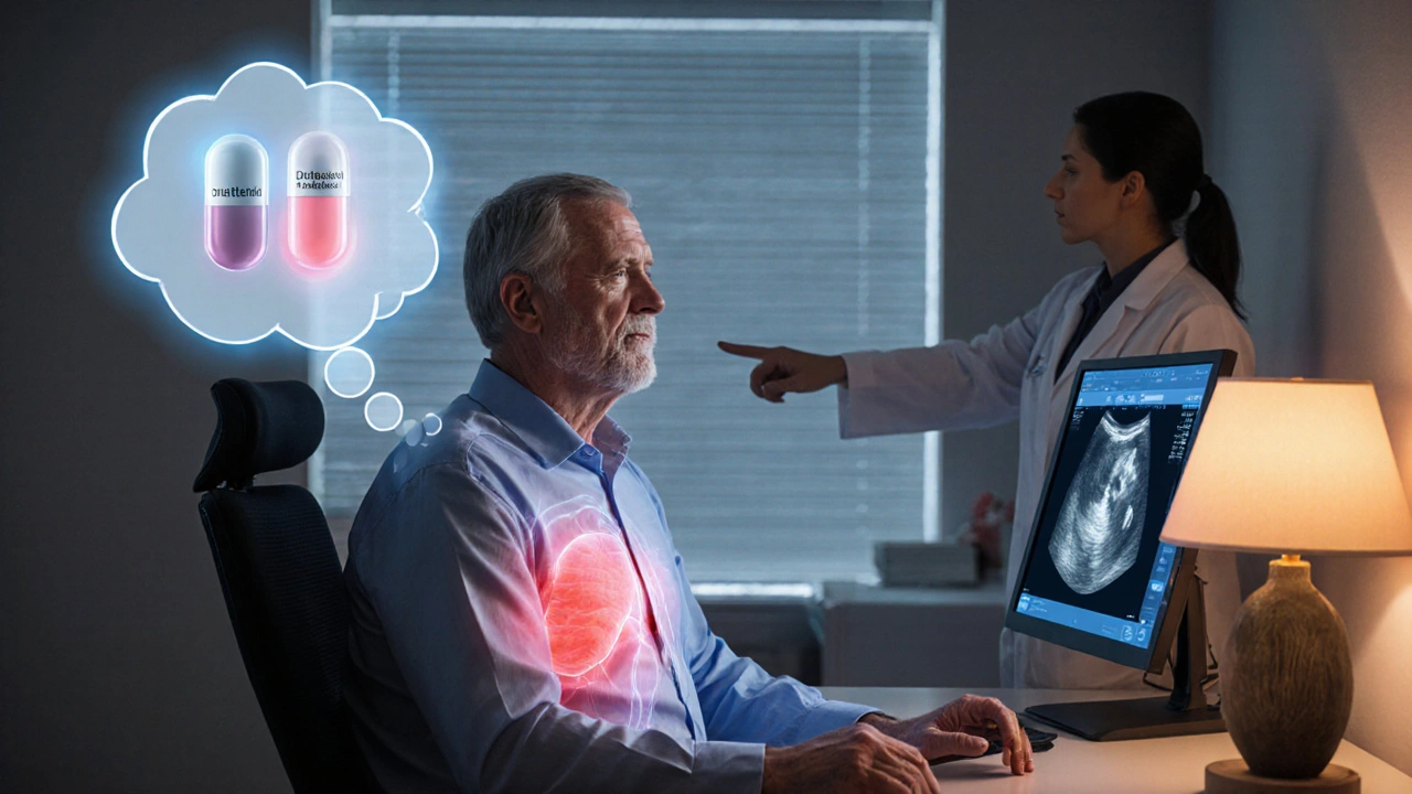 Man with transparent torso showing prostate, doctor pointing at ultrasound, pills hovering above.