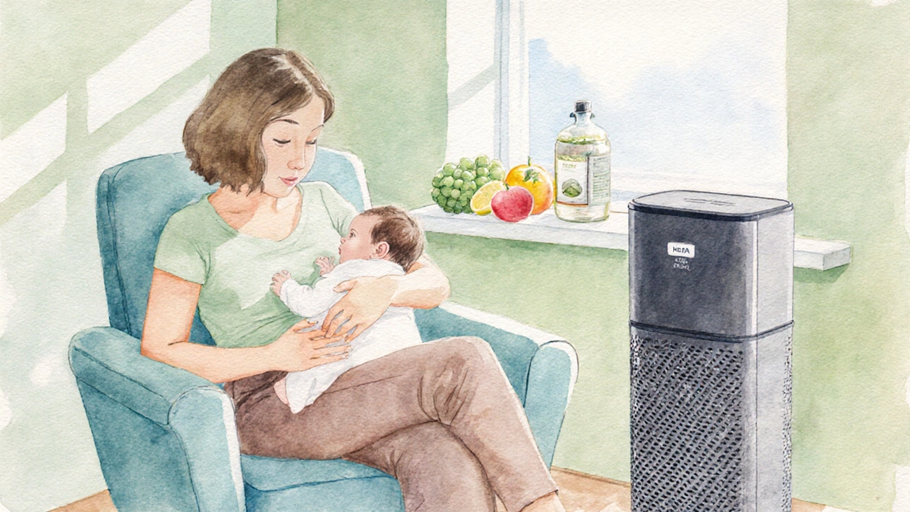 Mother breastfeeding a baby in a home with organic fruit, fragrance‑free cleaner, and a HEPA filter.