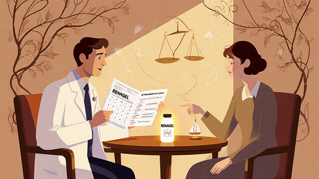 Nephrologist and patient discussing binder options with a glowing Renagel bottle and balance scale.