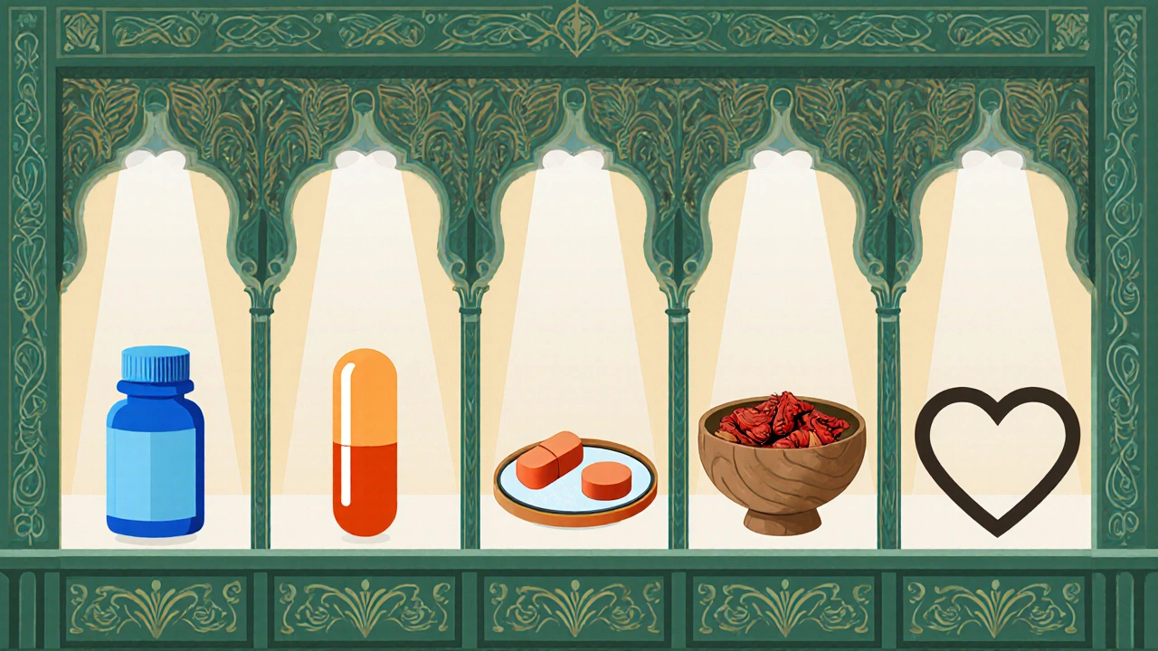 Ornamental showcase of five treatment options illustrated as distinct objects with flowing patterns.