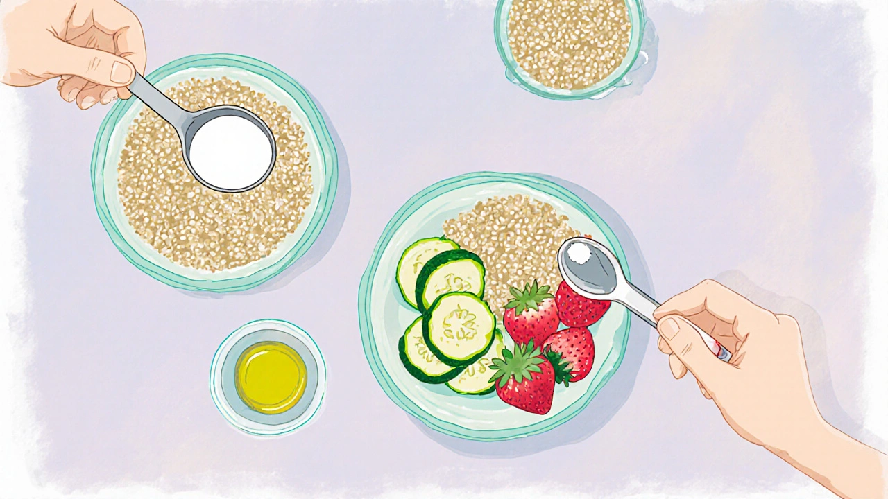 Overhead view of low‑fat foods and a hand adding enzyme powder before eating.