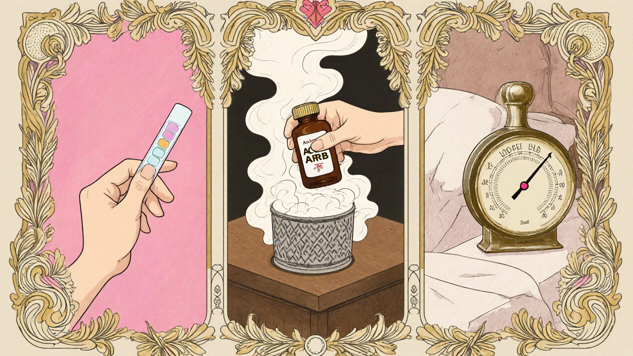 Three‑panel scene: positive pregnancy test, discarding ACE/ARB, starting labetalol.