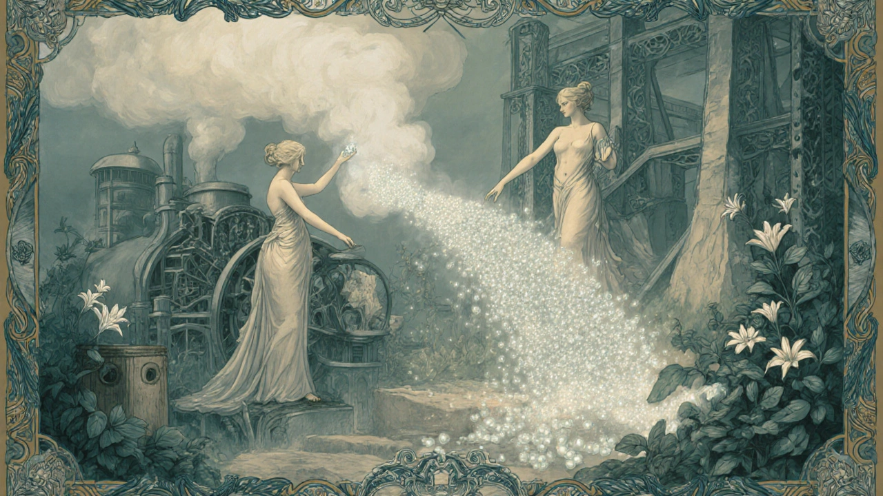 Vintage paper mill with female figures turning limestone into shimmering particles, surrounded by floral machinery.