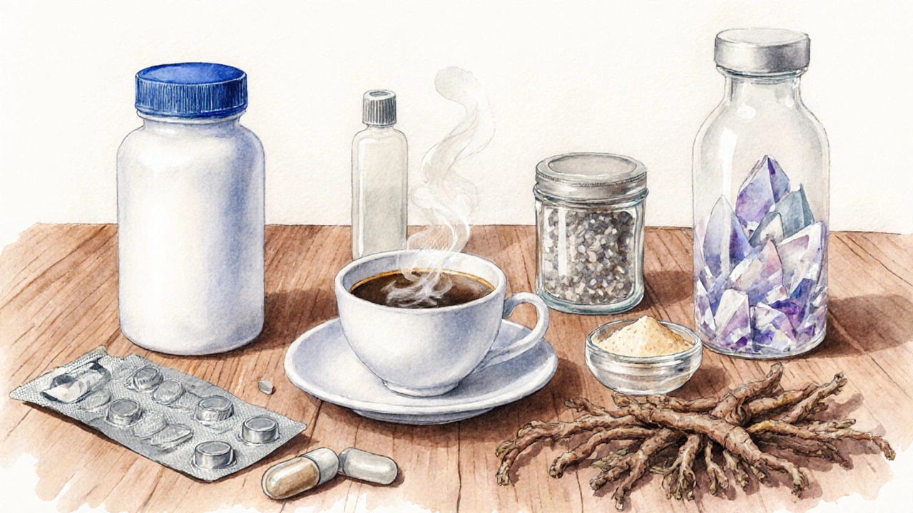 Watercolor spread of various wake‑boosting items: bottles, capsules, coffee, herbs on wooden table.