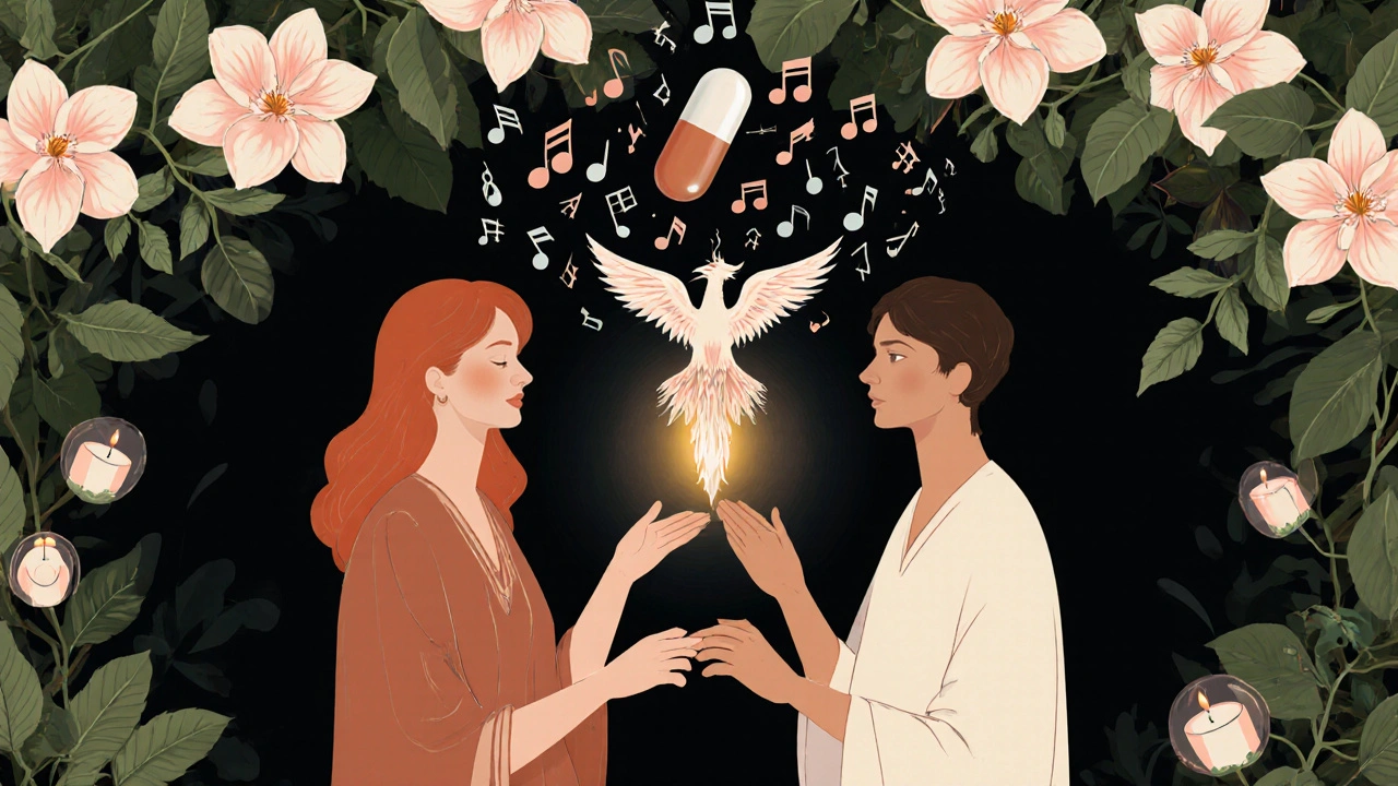 A couple touching gently under floral canopies, with fading pills and a rising phoenix symbolizing restored intimacy.