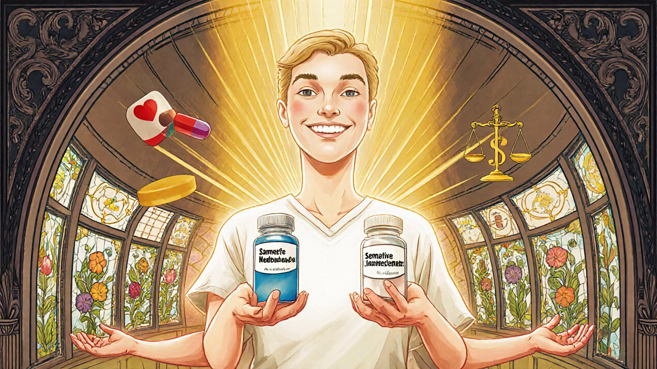 A patient holding two pills with glowing energy, framed by floral molecular patterns in a grand pharmacy interior.