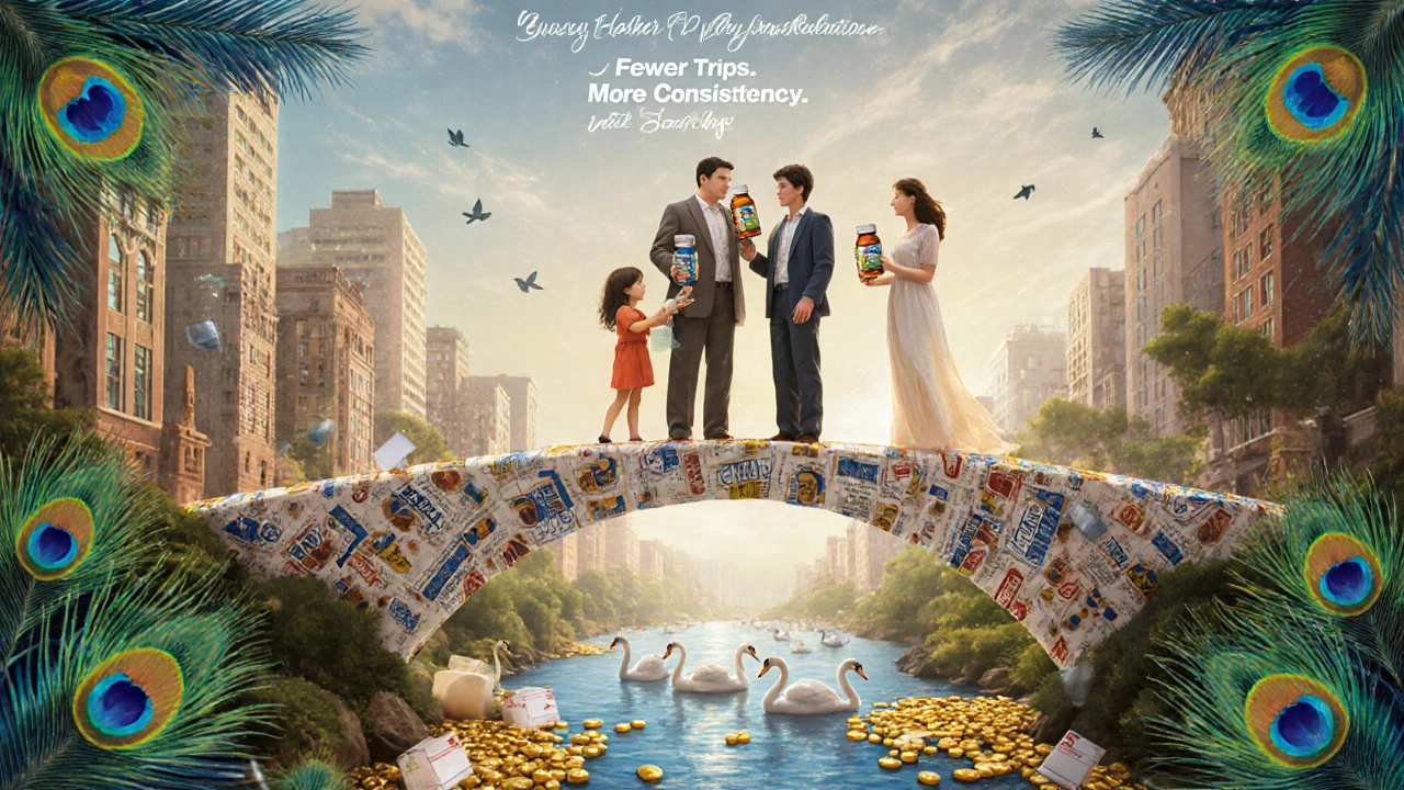 Diverse group holding 90-day meds on a bridge of prescription labels, with golden pills flowing below in Art Nouveau scene.