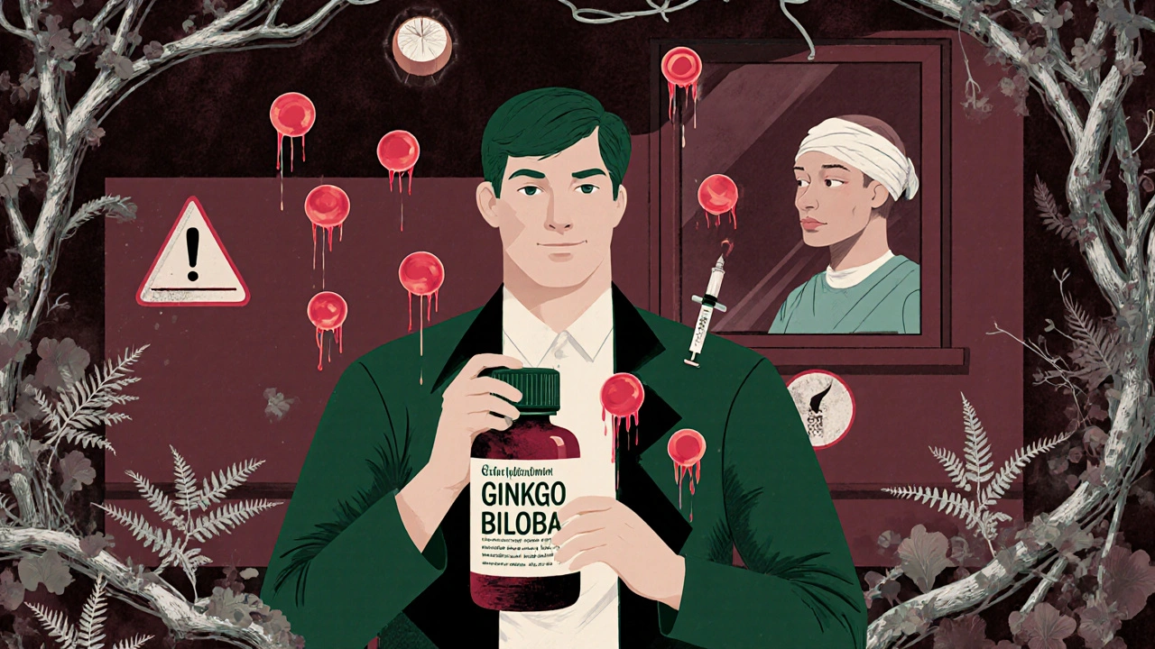 Man with ginkgo bottle as blood cells turn to daggers near warfarin pill, background shows hospital window.