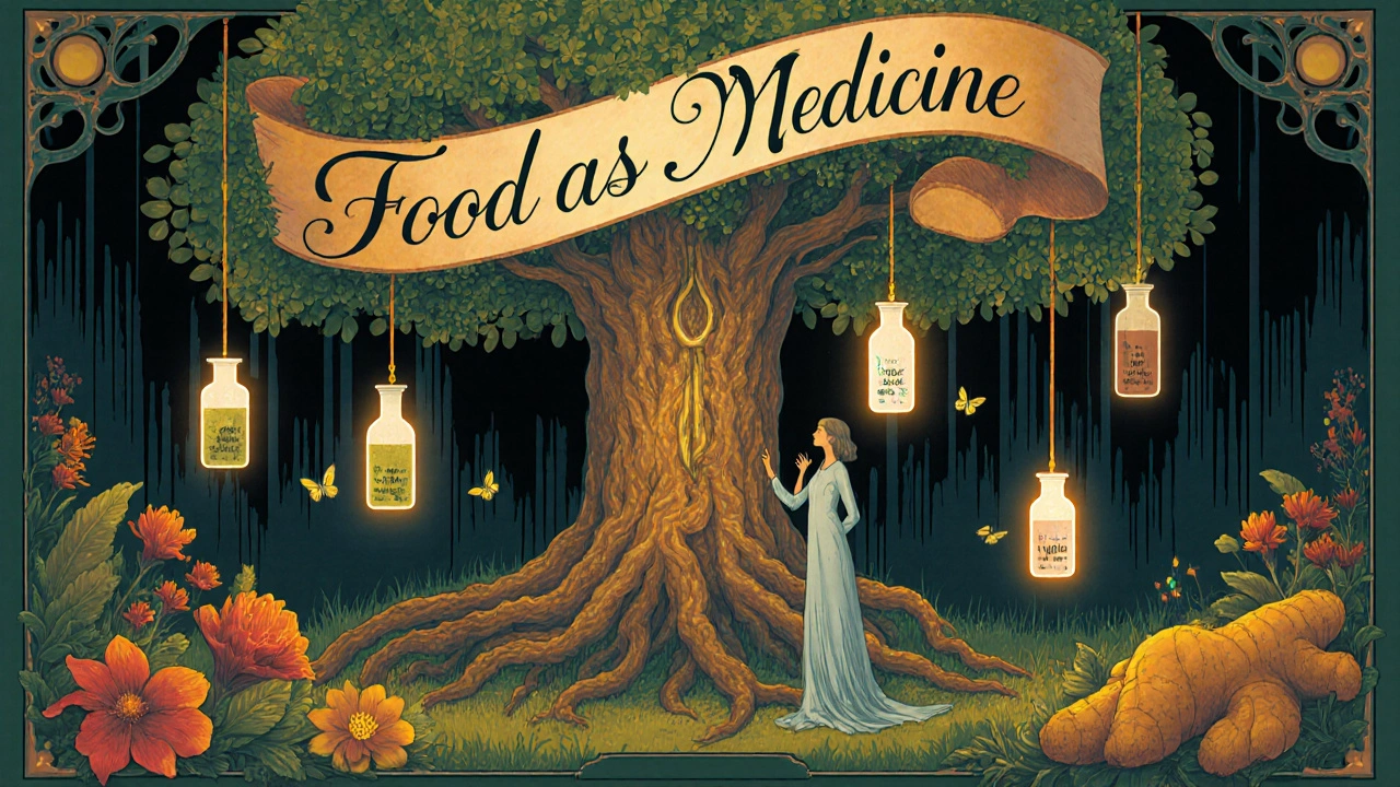 Scientist and tree-like figure with gut bacteria roots, floating nutrients and herbs in Art Nouveau style.