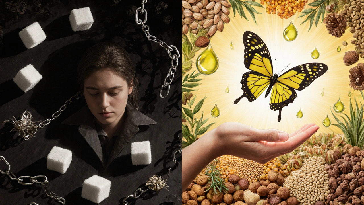 Split image: one side dark processed foods, other side glowing whole foods with a golden butterfly.
