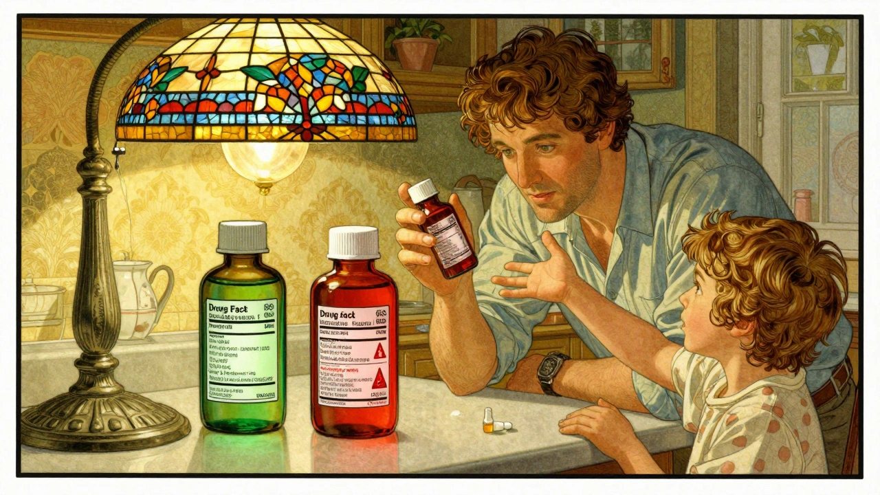 A father compares two medicine bottles at a kitchen counter, one safe and one dangerous, with child reaching out in a cautionary scene.