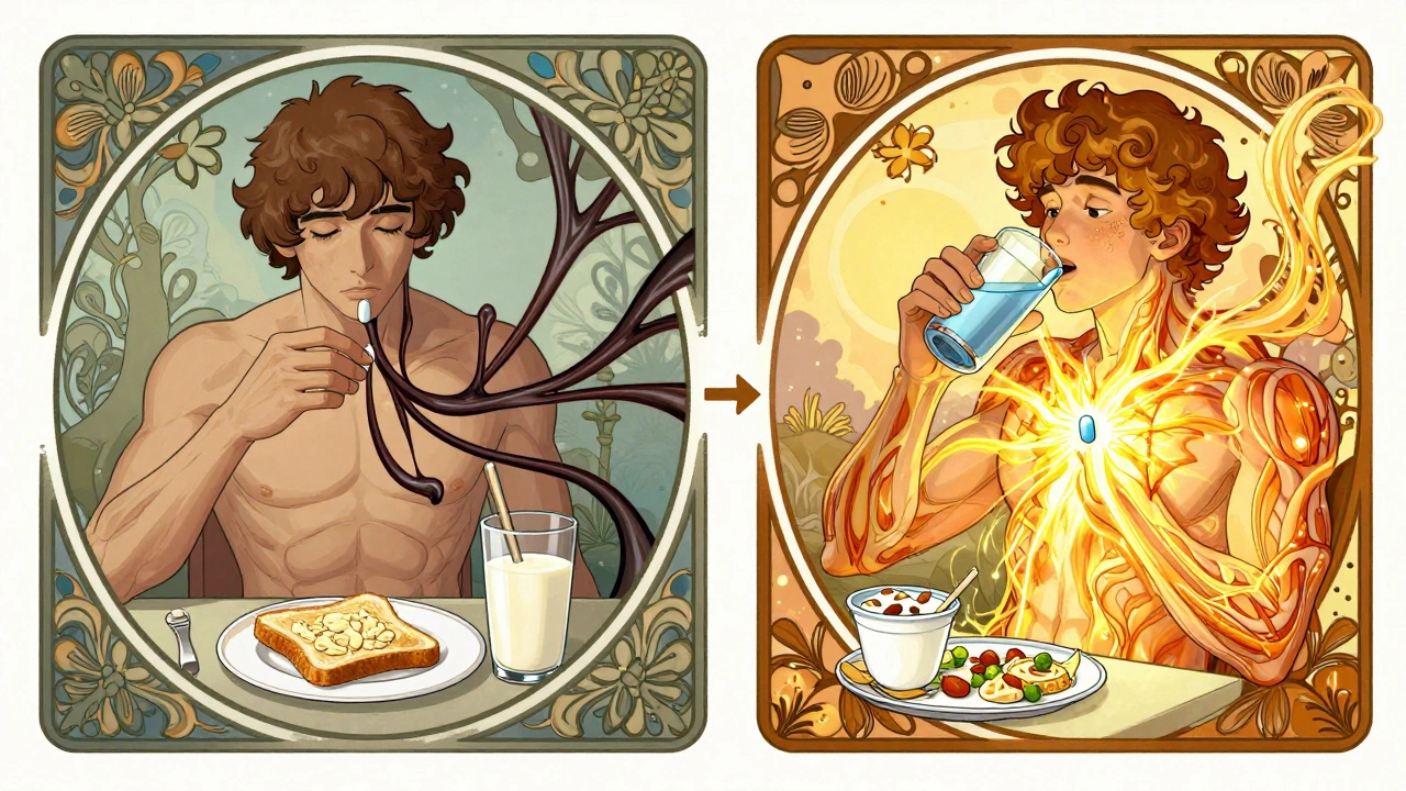 A patient taking antibiotics with water at dawn versus with dairy at breakfast, shown in contrasting Art Nouveau panels.