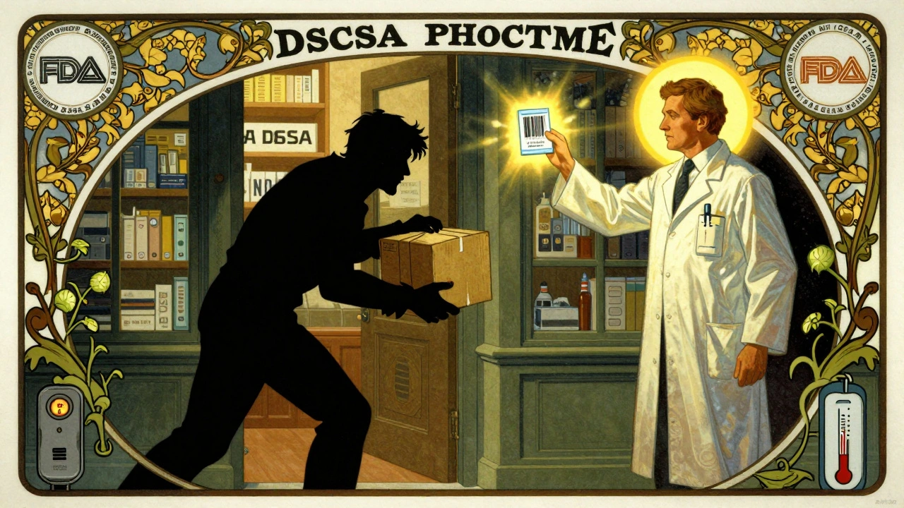 A pharmacist blocking a shady delivery with a glowing DSCSA barcode, protected by ornamental vines and FDA seals.