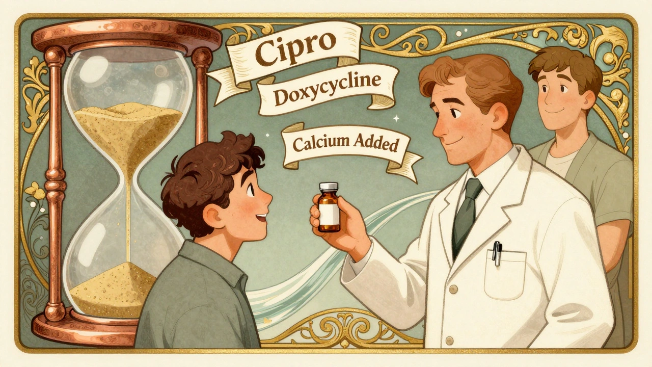 A pharmacist handing a prescription as calcium warnings float above, illustrated in ornate Art Nouveau design.