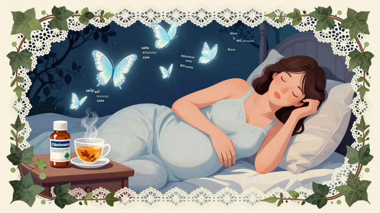 A pregnant woman sleeping peacefully with chlorpheniramine on her nightstand and floating butterflies.