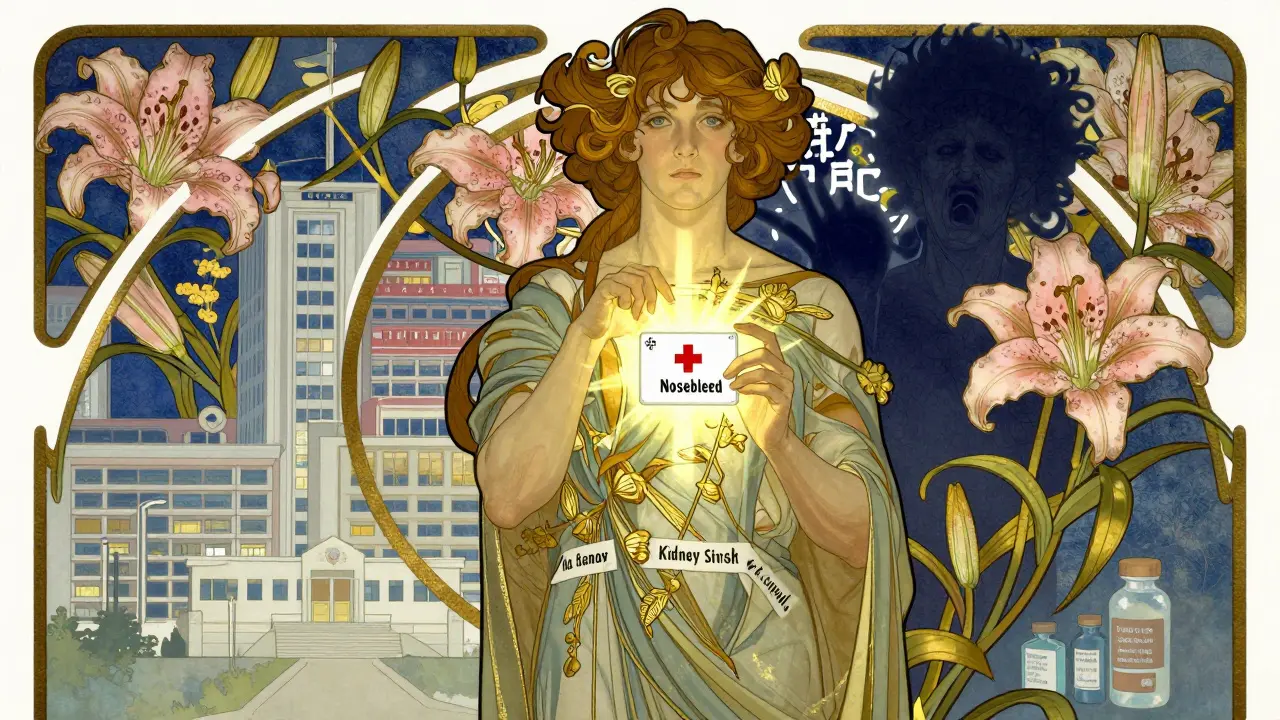Heroic figure holding medical alert card, repelling bleeding risks with glowing light and floral motifs.