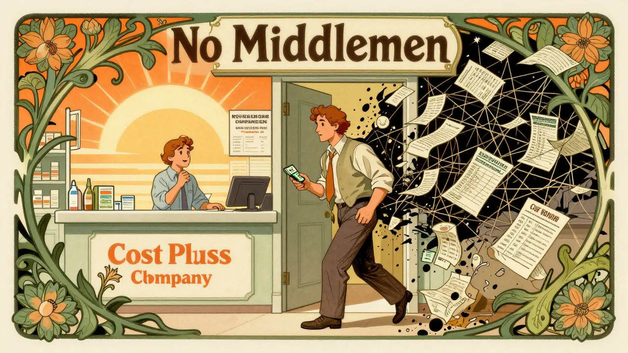 Patient entering a transparent, low-cost pharmacy as a web of inflated pricing systems crumbles behind them.