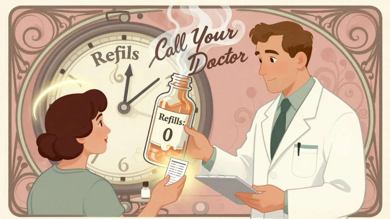 Pharmacist giving prescription to patient as clock melts into 'Refills: 0' bottle with smoke forming 'Call Your Doctor'.