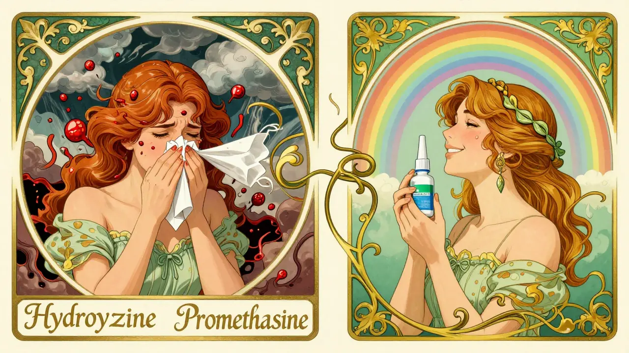 Split image: chaotic allergy symptoms vs. calm relief with nasal sprays, illustrated in Art Nouveau style.