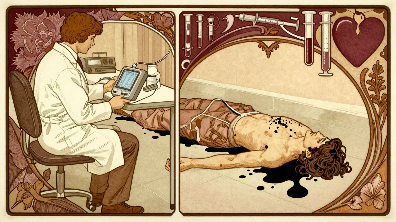 Split scene: doctor using DOAC test device while patient collapses with dark stools, in ornate Art Nouveau style.