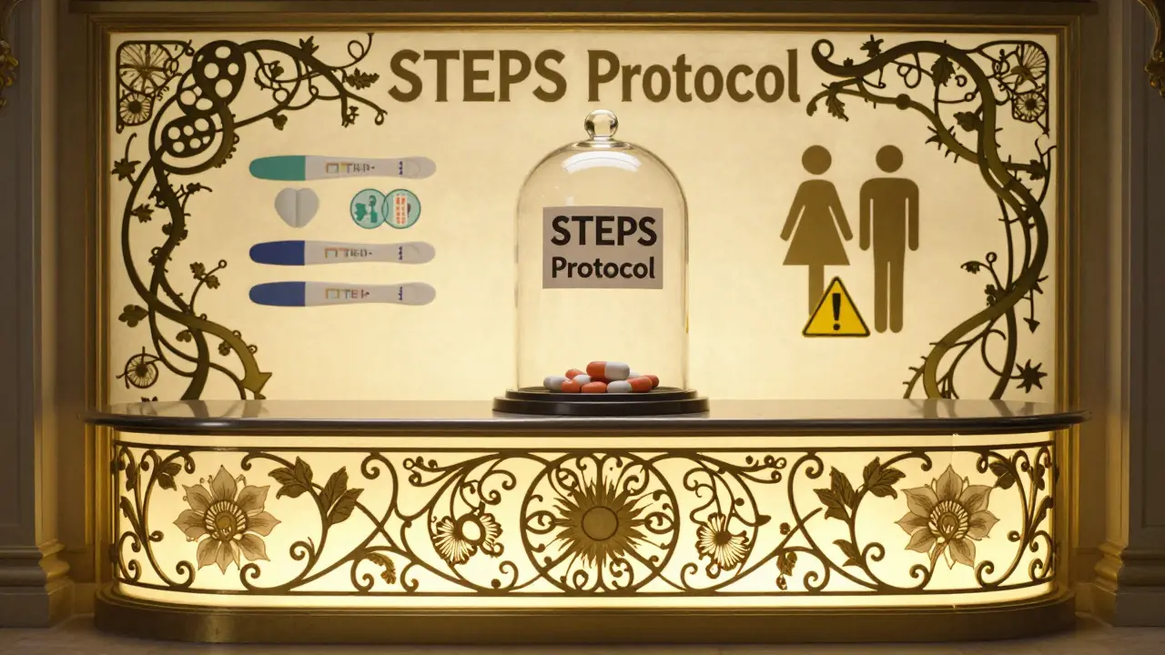 A single thalidomide pill is protected by a glass dome with symbols of strict safety protocols surrounding it.