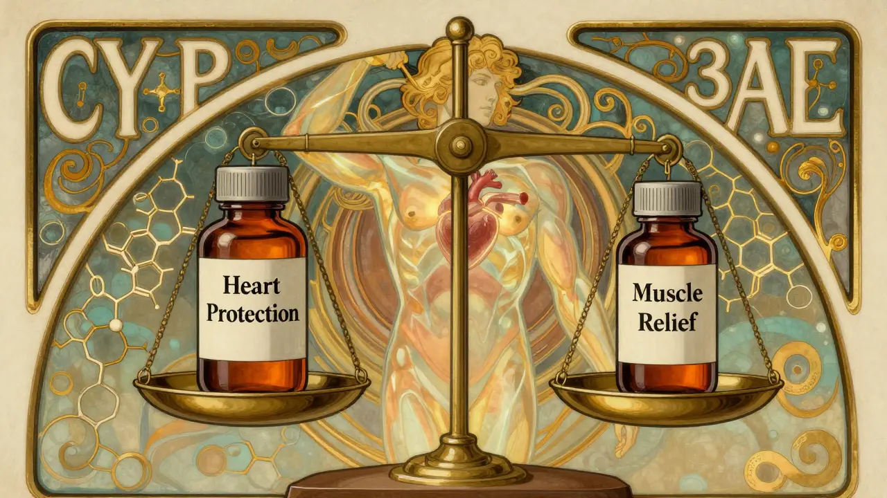 Balance scale comparing statin and vitamin D bottles with enzyme patterns in ornate Art Nouveau style.