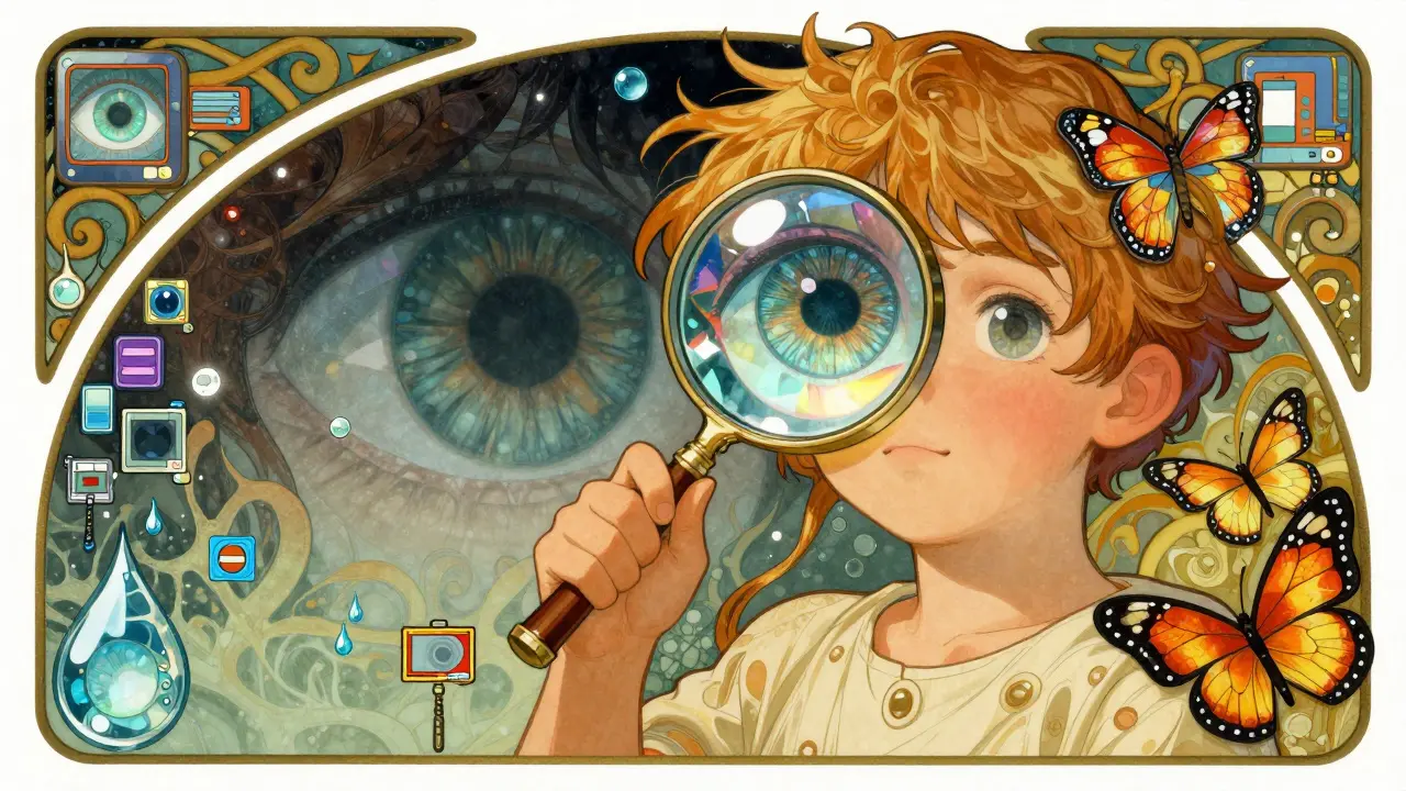Child holding a magnifying glass over a clear eye while a blurred eye recedes, surrounded by therapy symbols.