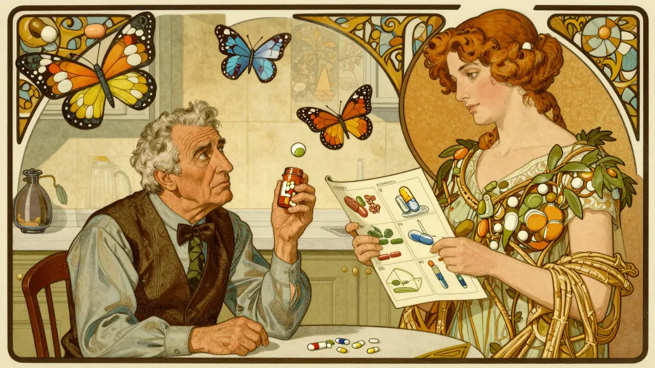Elderly man confused by three differently shaped pills, guided by a calm woman holding a visual pill guide.