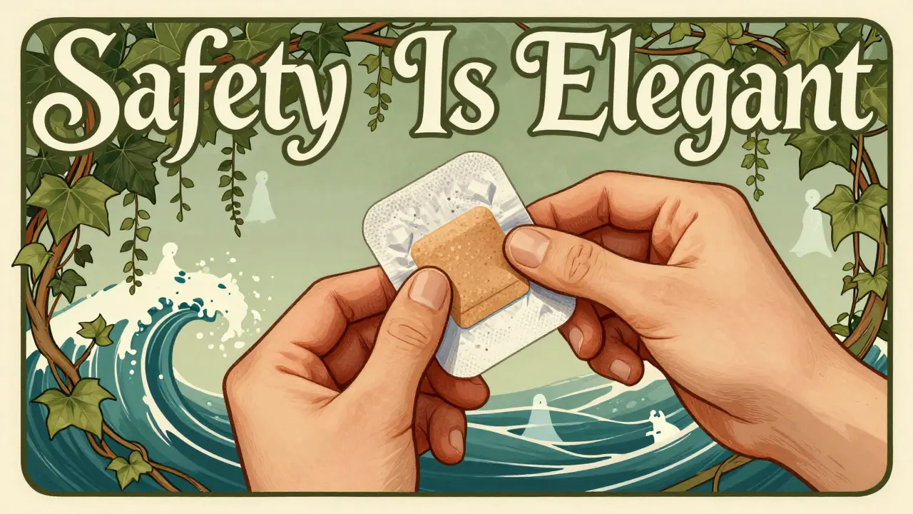 Hand folding a used fentanyl patch with ghostly figures in ivy, warning of child and pet exposure, Art Nouveau aesthetic.