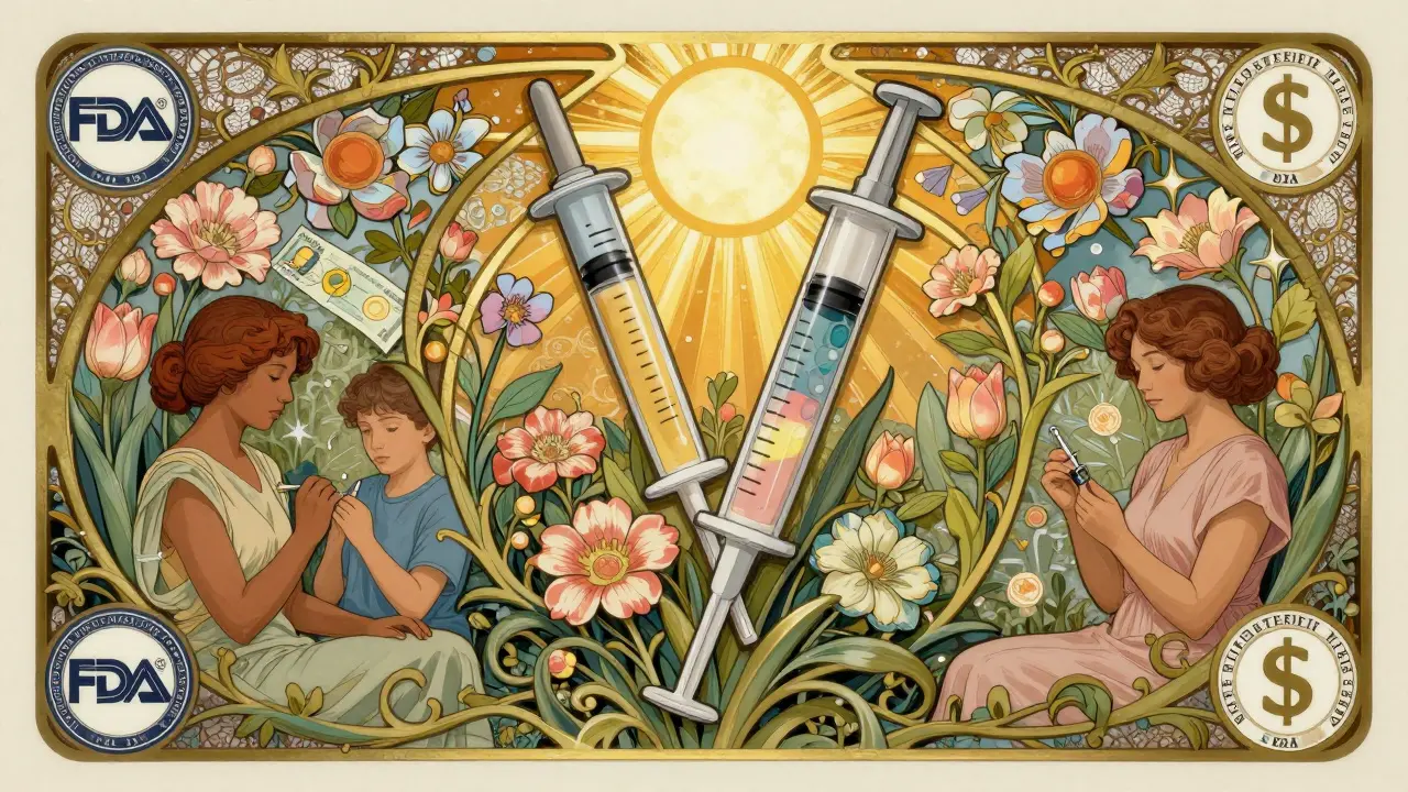 Medical emblem rising from a garden of syringes and flowers under a golden sun.