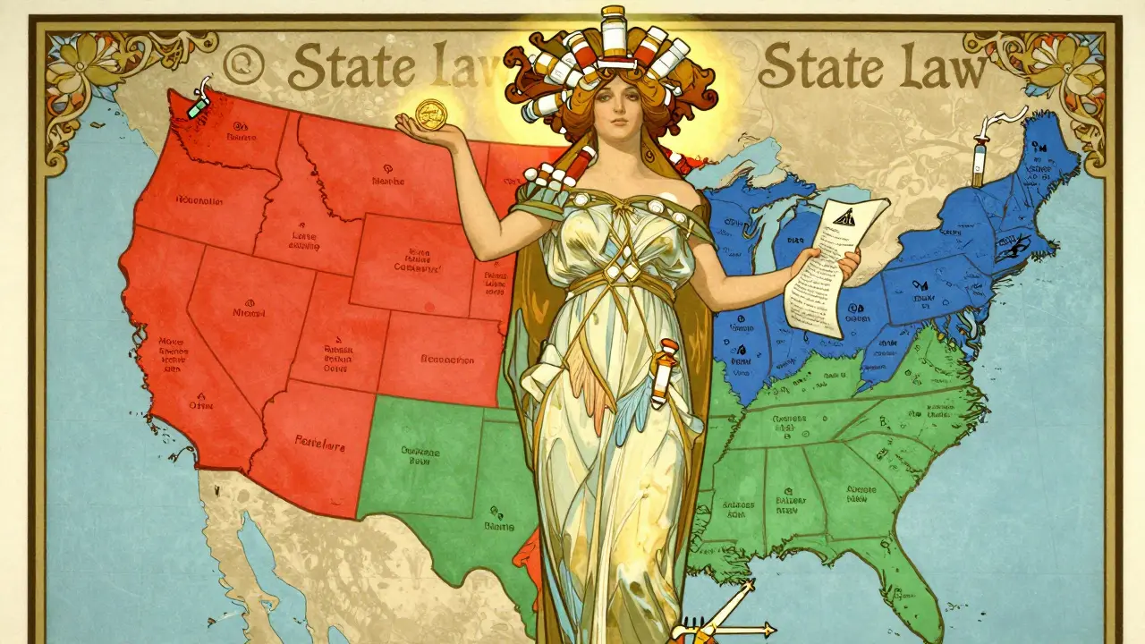 Woman personifying State Law standing on U.S. map, hair made of prescriptions, holding savings coin and warning scroll.
