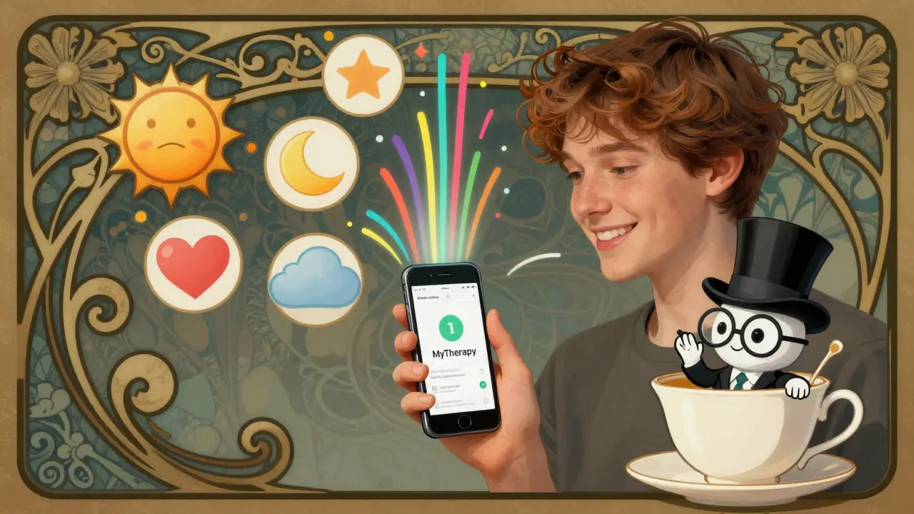 Young adult surrounded by floating mood icons and streaks of light from MyTherapy app.